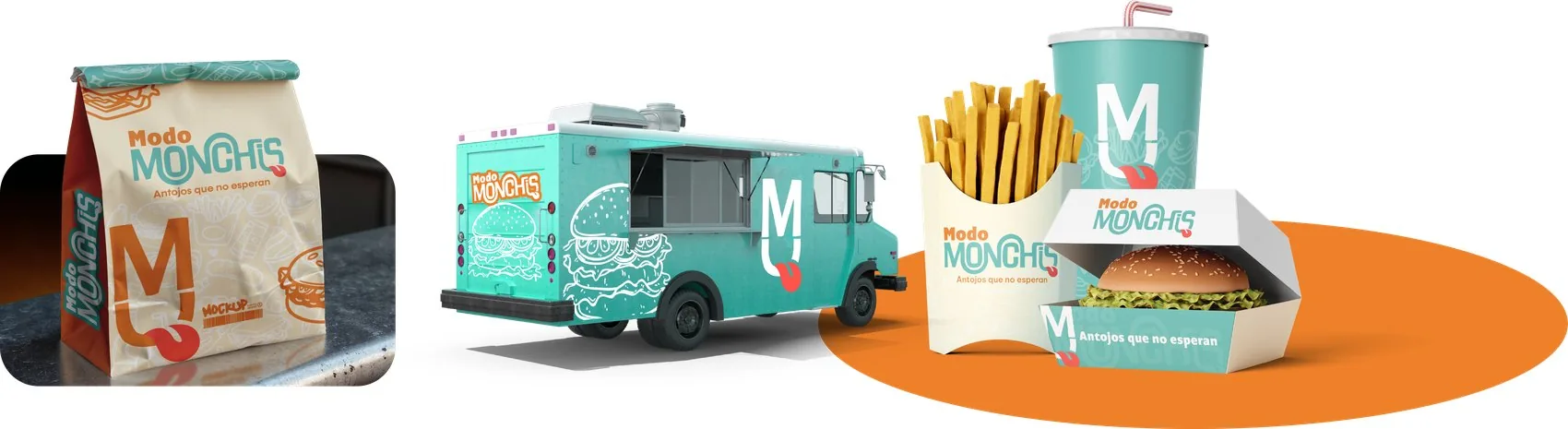 Modo Monchis — identidad de marca aplicada en empaques, food truck, vasos y cajas de comida rápida