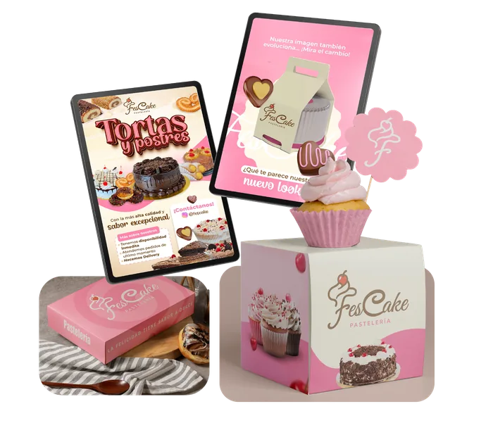 Identidad de FresCake Pastelería aplicada en flyers, empaques y stickers